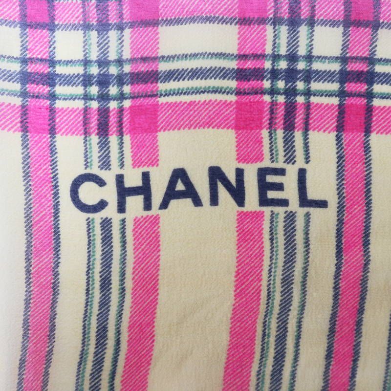  CHANEL シャネル チェック柄 シルク 大判ストール ショール イエロー S 07-k 059 ストール ショール 小物