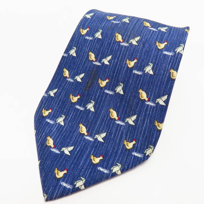 M 03-k 033 HERMES エルメス 鳥 バード柄 シルク ネクタイ ネイビー