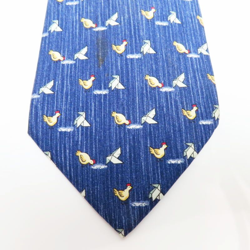  M 03-k 033 HERMES エルメス 鳥 バード柄 シルク ネクタイ ネイビー ネクタイ 小物