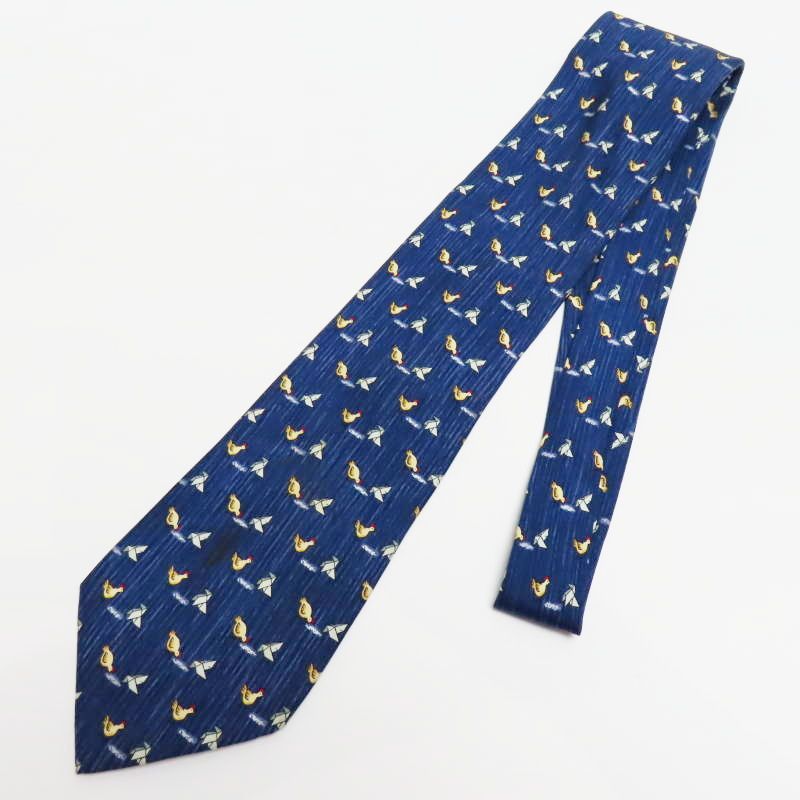 M 03-k 033 HERMES エルメス 鳥 バード柄 シルク ネクタイ ネイビー
