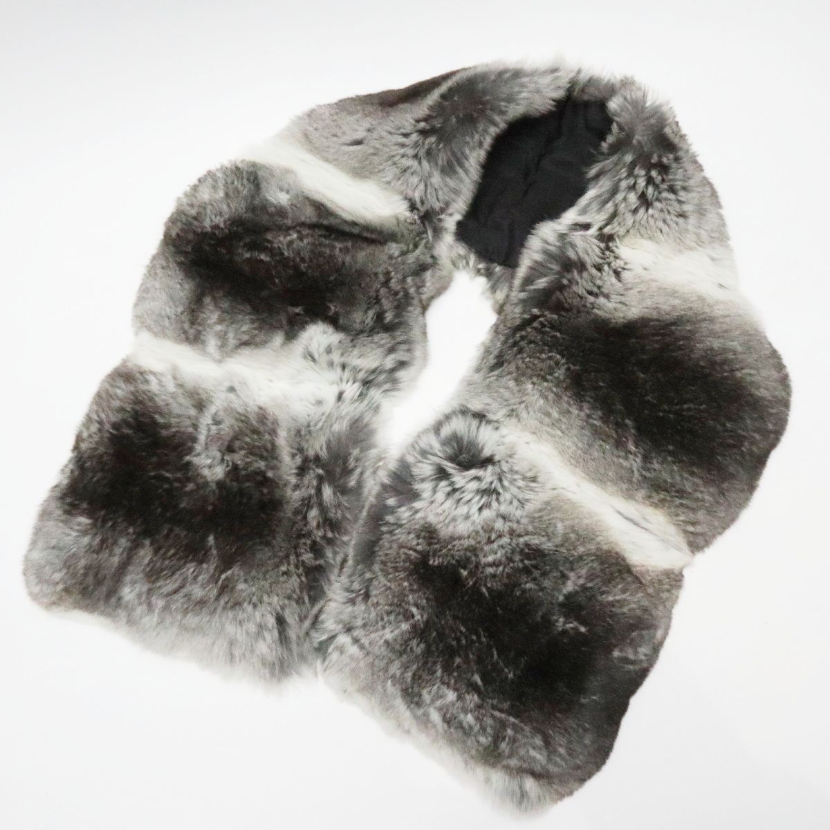 PRADA プラダ ポリエステル シルク チンチラ毛皮ファー マフラー グレー ダークブラウン K 11 047