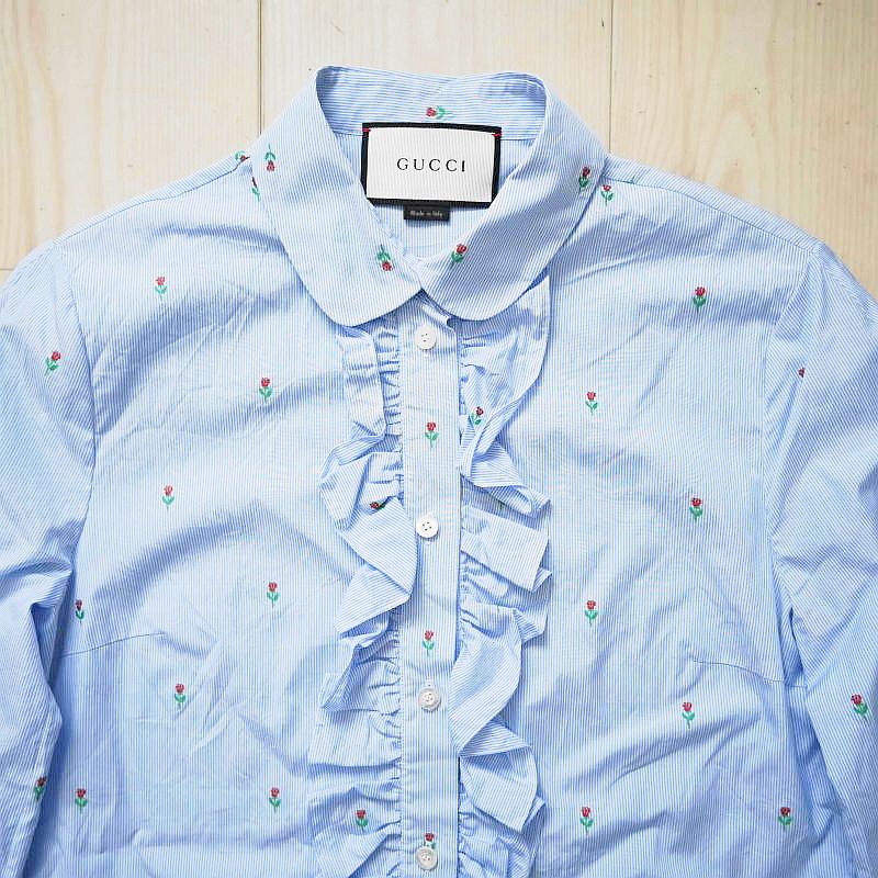 GUCCI グッチ フラワー ストライプ柄 コットン 長袖シャツ 42 ライトブルー T 07-k 165