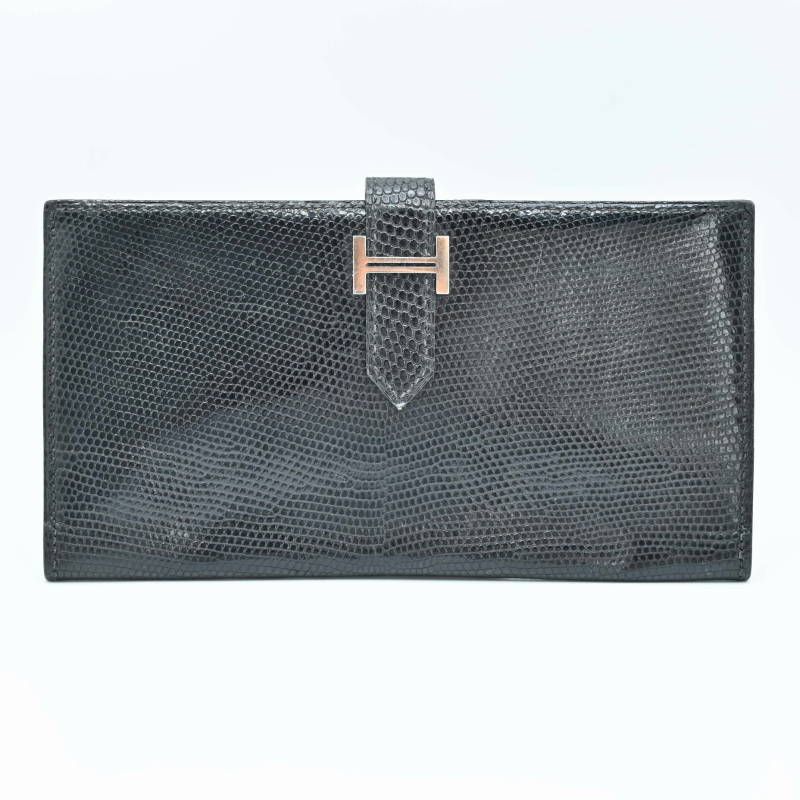 HERMES エルメス ベアン リザード 二つ折り 長財布 ブラック M09-k011 HERMES エルメス ベアン リザード 二つ折り 長財布 ブラック M09-k011