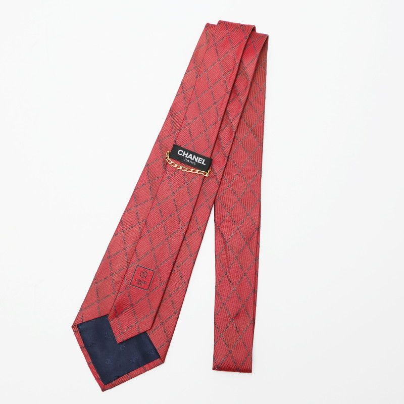 K 06-k 120 CHANEL シャネル ココマーク ロゴ シルク ネクタイ レッド ネイビー