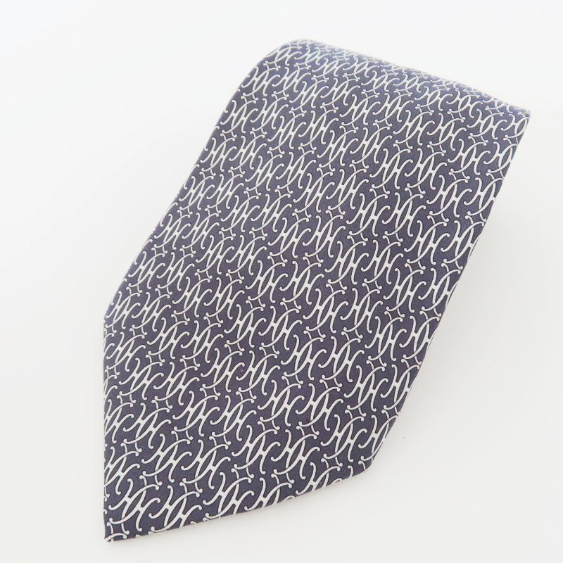 K 04-k 046 HERMES エルメス Hロゴ シルク ネクタイ グレー