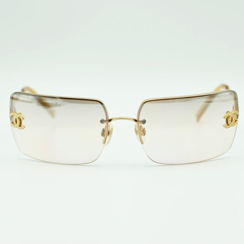 シャネル ゴールドフレーム ハーフリムレス サングラス ココマーク CHANEL シャネル サイドココマーク ラインストーン ハーフリム