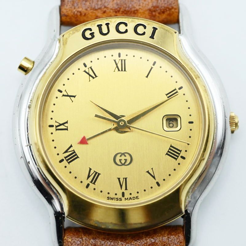 M 03 k 006 GUCCI グッチ 8200 JR デイト GMT SS 革ベルト レディース クオーツ時計 シャンパン文字盤