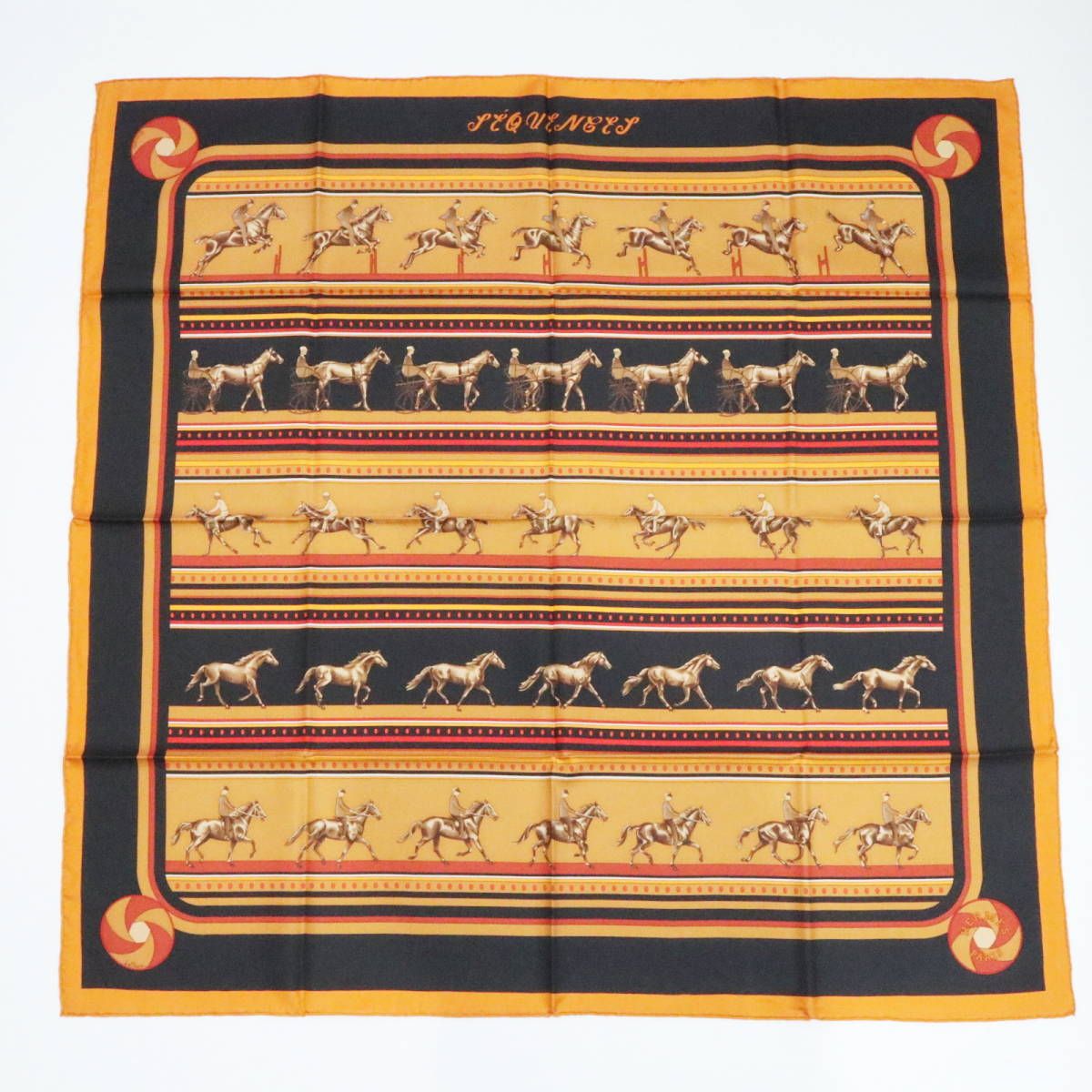 HERMES エルメス シーケンス カレ90 シルク 大判スカーフ オレンジ ブラック M 10-k 105