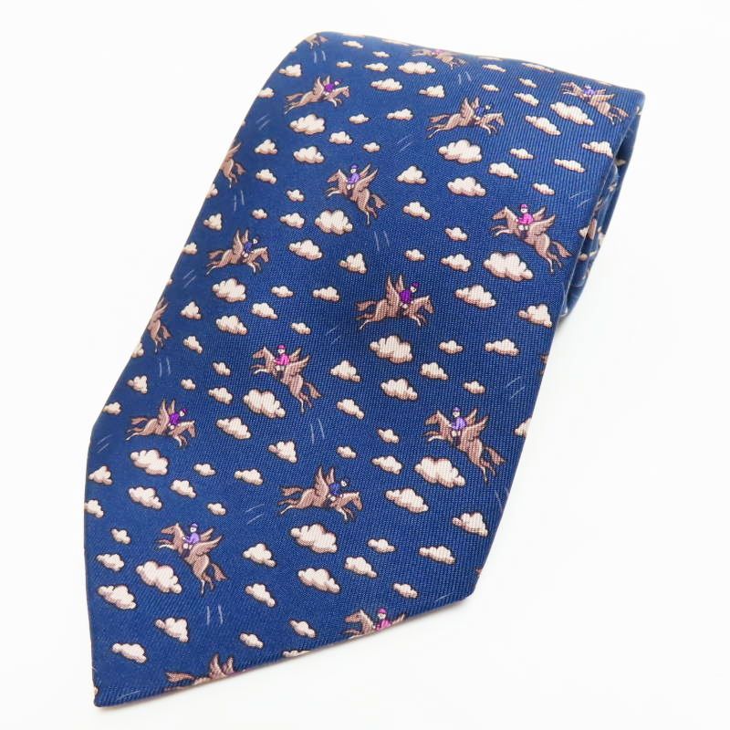 M 03-k 034 HERMES エルメス ペガサス柄 シルク ネクタイ ネイビー
