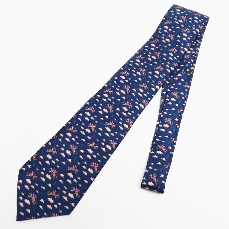 M 03-k 034 HERMES エルメス ペガサス柄 シルク ネクタイ ネイビー