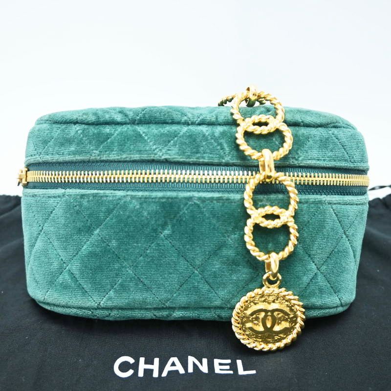 CHANEL シャネル ヴィンテージ マトラッセ ベロア ココマーク ツイストチェーンベルト ウエストポーチ ボディバッグ グリーン ゴールド T 07-k 183