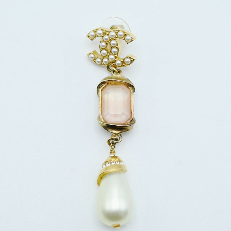 CHANEL シャネル ココマーク フェイクパール ストーン ラインストーン GP ピアス ゴールド ホワイト C 22 A 片耳 K 07-k 118