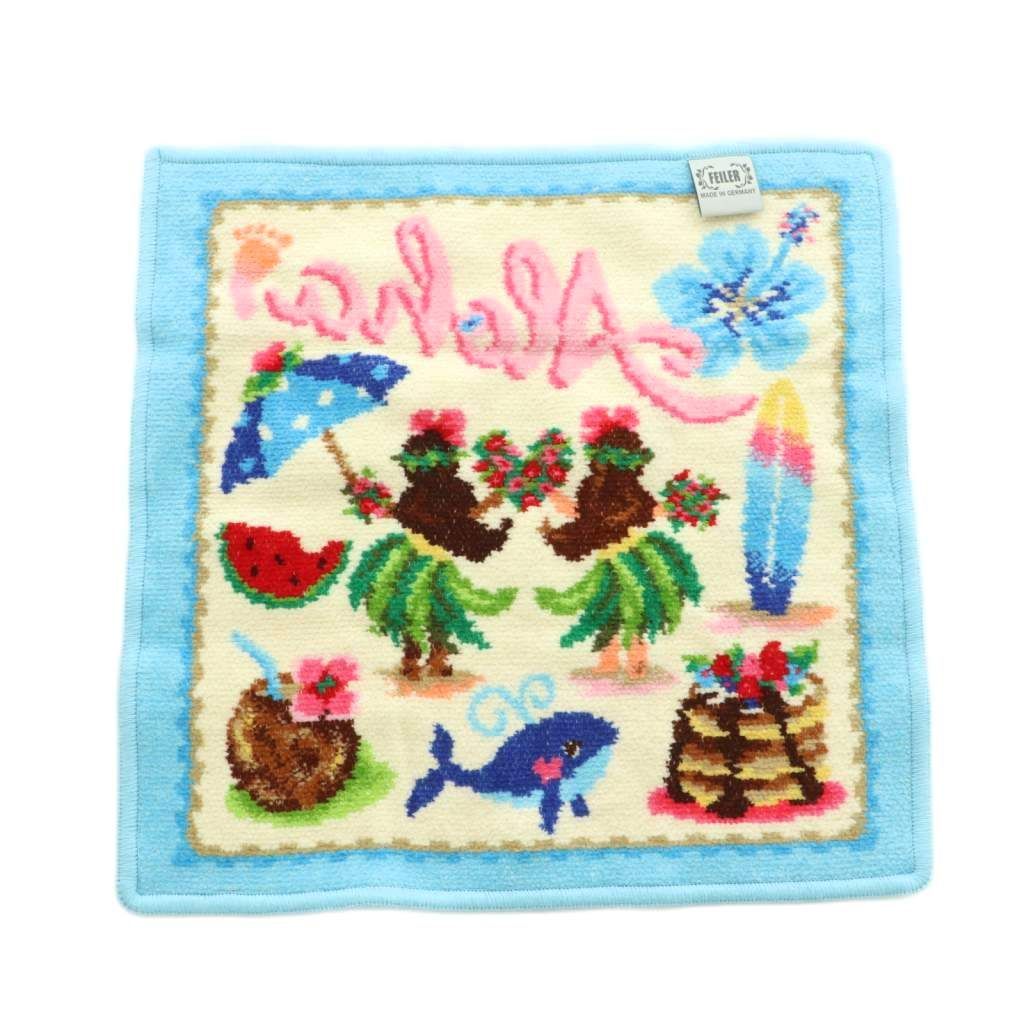 フェイラー 新品　ハンドタオル　フェイスタオル　マナマナ フェイラー FEILER マナマナ Aloha タオルハンカチ 総柄 ライトブルー
