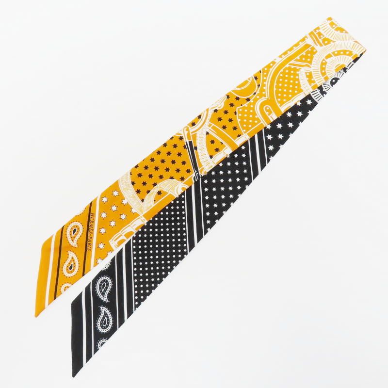 M 04-k 134 HERMES Eperon d´Or Cut エルメス エプロンドール カット シルク ツイリー スカーフ ブラック オレンジ