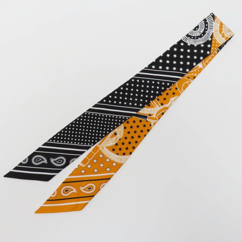 M 04-k 134 HERMES Eperon d´Or Cut エルメス エプロンドール カット シルク ツイリー スカーフ ブラック オレンジ