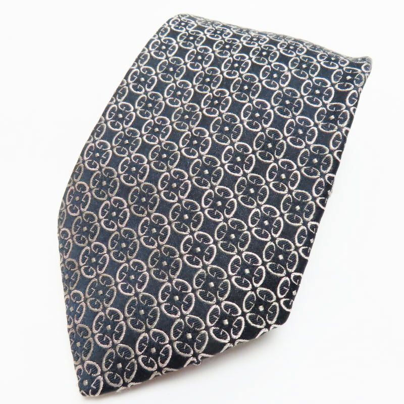 M 03 k 030 GUCCI グッチ G柄デザイン シルク ネクタイ ブラック シルバー