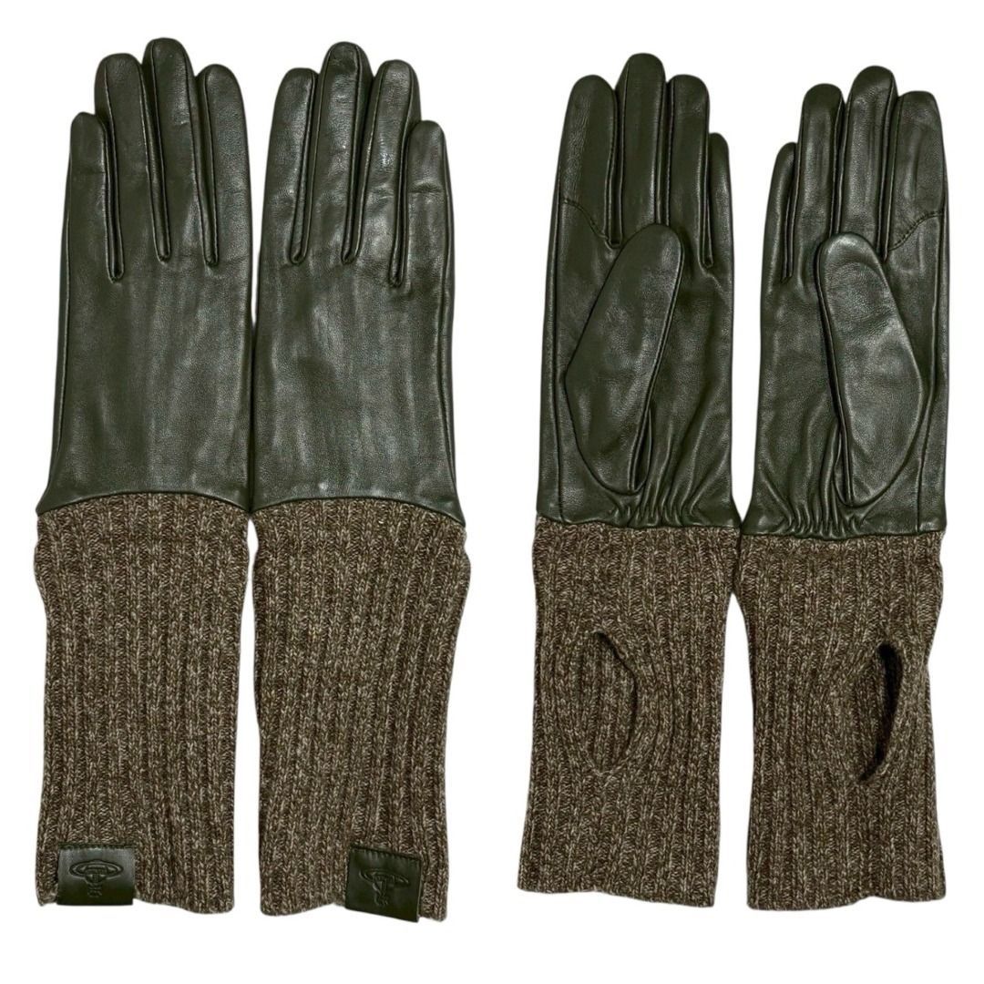 ヴィヴィアン ウエストウッド レディース コンビ 手袋 レザー リブ ニット ロング グローブ 2 WAY タッチパネル対応 オーブ パッチ モスグリーン