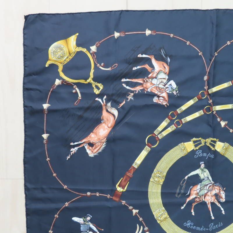 M 03-k 120 HERMES Pampa エルメス パンパ 大草原 カウボーイ カレ90 シルク大判スカーフ ブラック