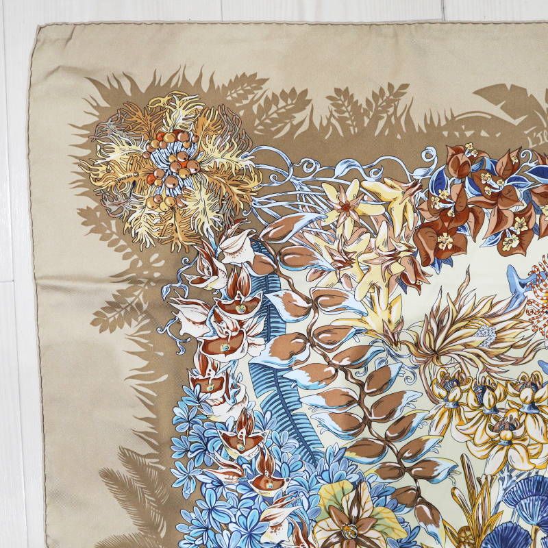 HERMES L Ile Deserte エルメス 無人島 カレ90 シルク 大判スカーフ ベージュ S 07-k 116