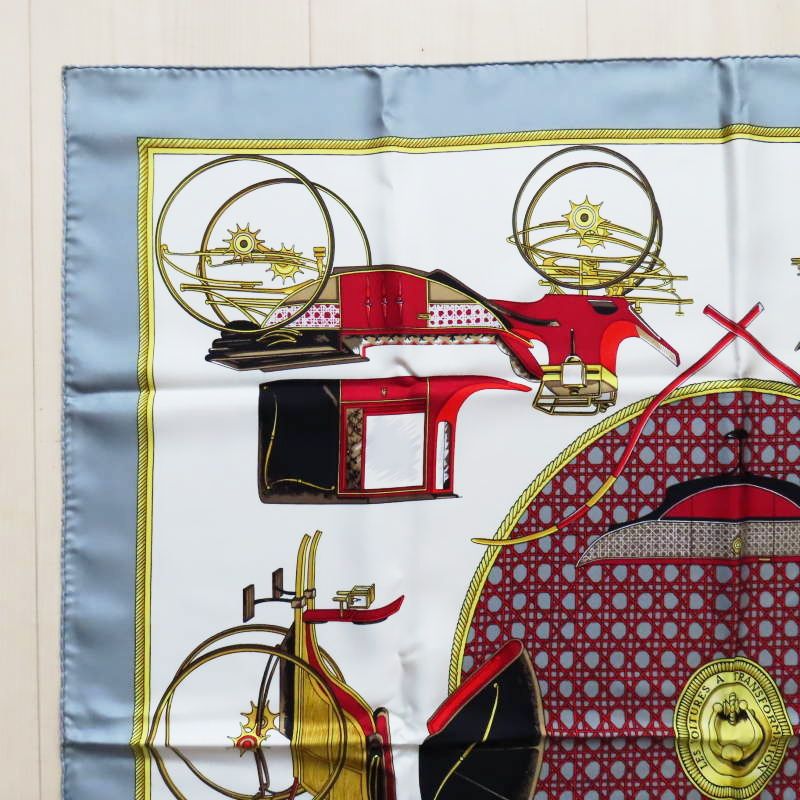 T 05-k 014 HERMES LES A エルメス 折りたたみ式幌の馬車 カレ90 シルク 大判スカーフ グレー