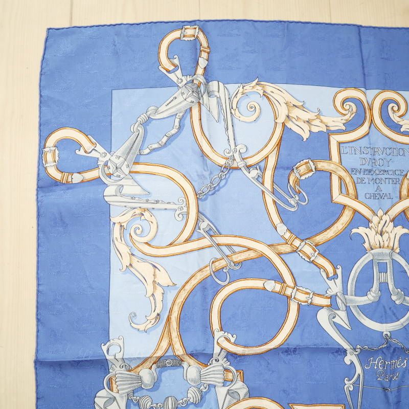 HERMES L’ DV ROY エルメス 帝王学 カレ90 シルク 大判スカーフ ブルー M 09-k 013