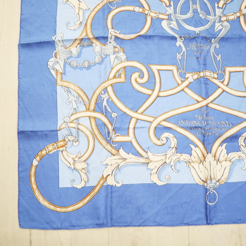  HERMES L’ DV ROY エルメス 帝王学 カレ90 シルク 大判スカーフ ブルー M 09-k 013 バンダナ スカーフ 小物