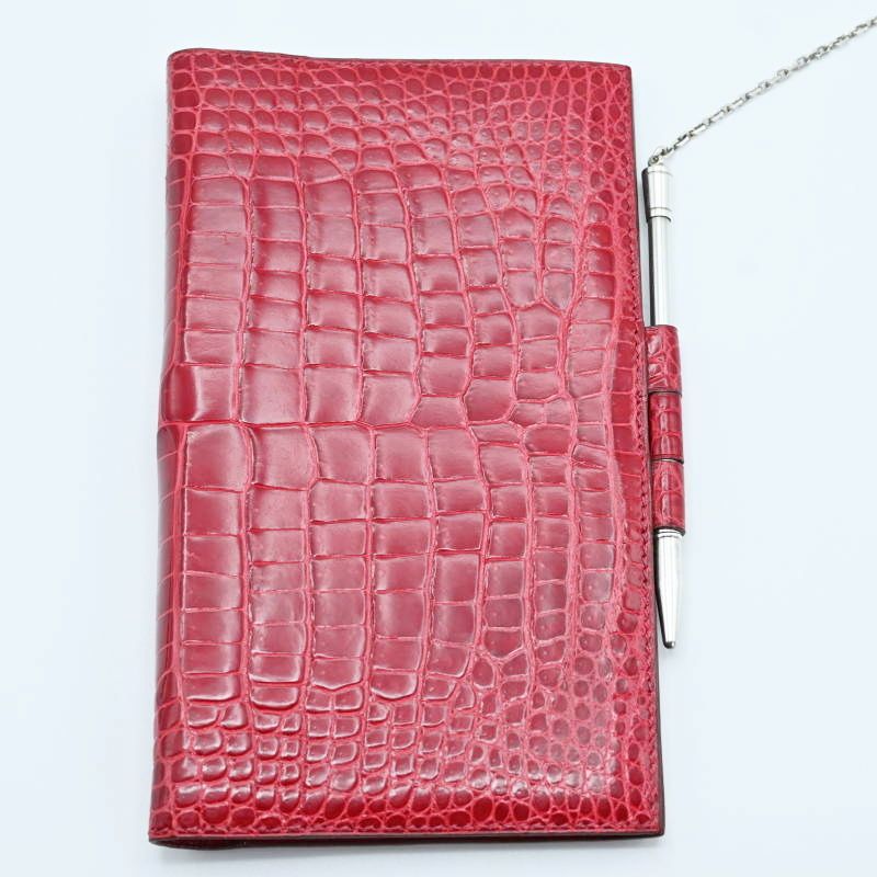 HERMES エルメス ポロサス クロコダイル アジェンダ 手帳カバー SV 925ボールペン レッド シルバー 筆記 済み M 08 k 033