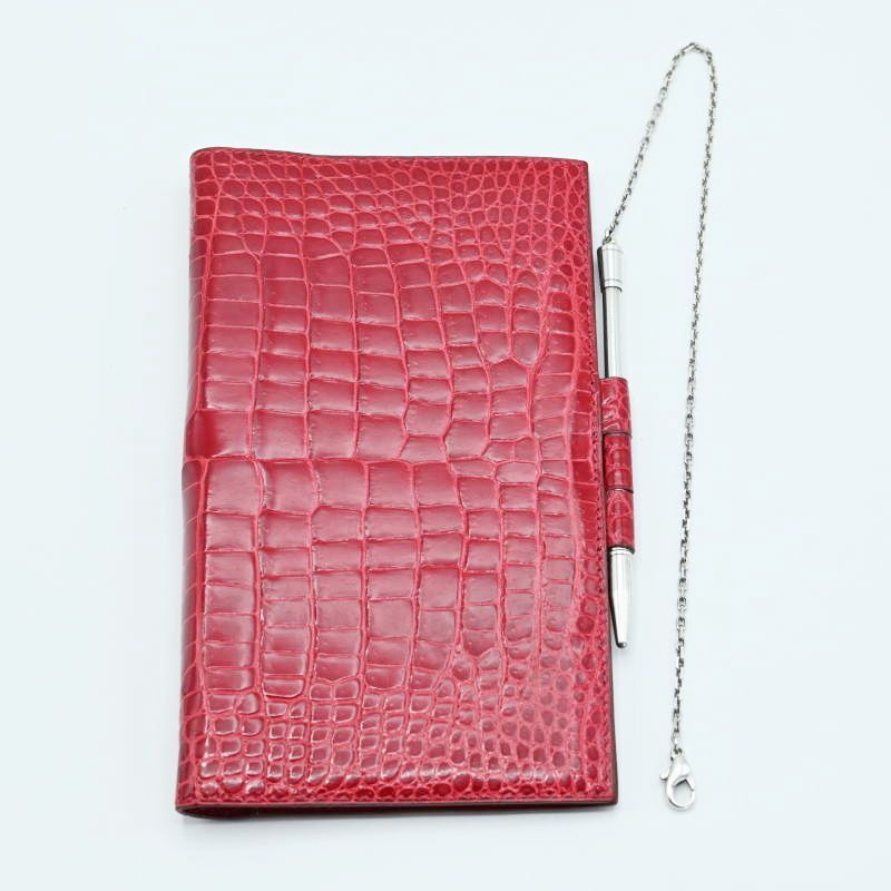 HERMES エルメス ポロサス クロコダイル アジェンダ 手帳カバー SV 925ボールペン レッド シルバー 筆記 済み M 08 k 033