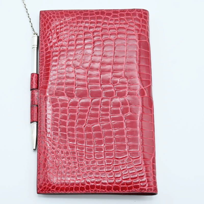 HERMES エルメス ポロサス クロコダイル アジェンダ 手帳カバー SV 925ボールペン レッド シルバー 筆記 済み M 08-k 033 手帳カバー 手帳 日記 家計簿 文房具 事務用品
