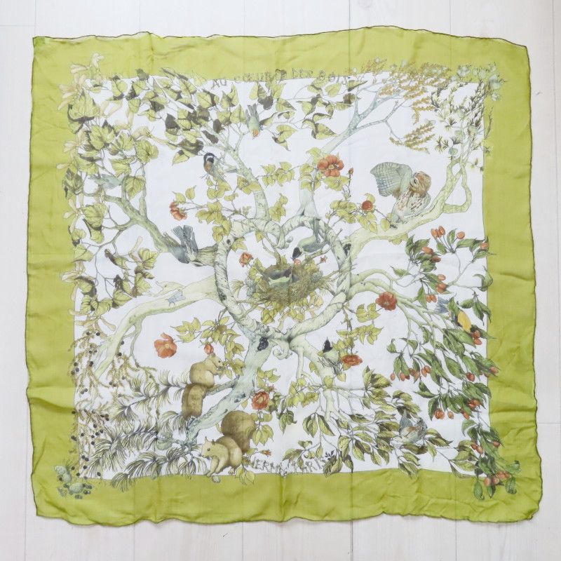 K 04 002 HERMES AU COEUR DES BOIS エルメス 森の中で カレ90 シルク シースルー 大判スカーフ グリーン