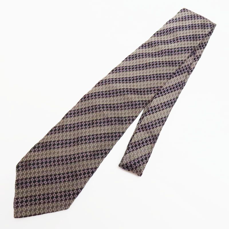 M 03-k 029 GUCCI グッチ GG柄 ストライプ シルク ネクタイ グレー ブラック