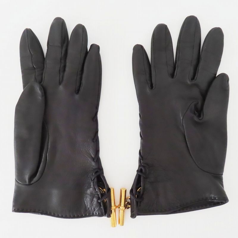 M 10 HERMES エルメス シェーヌダンクル レザ― グローブ 手袋 7 ブラック ゴールド