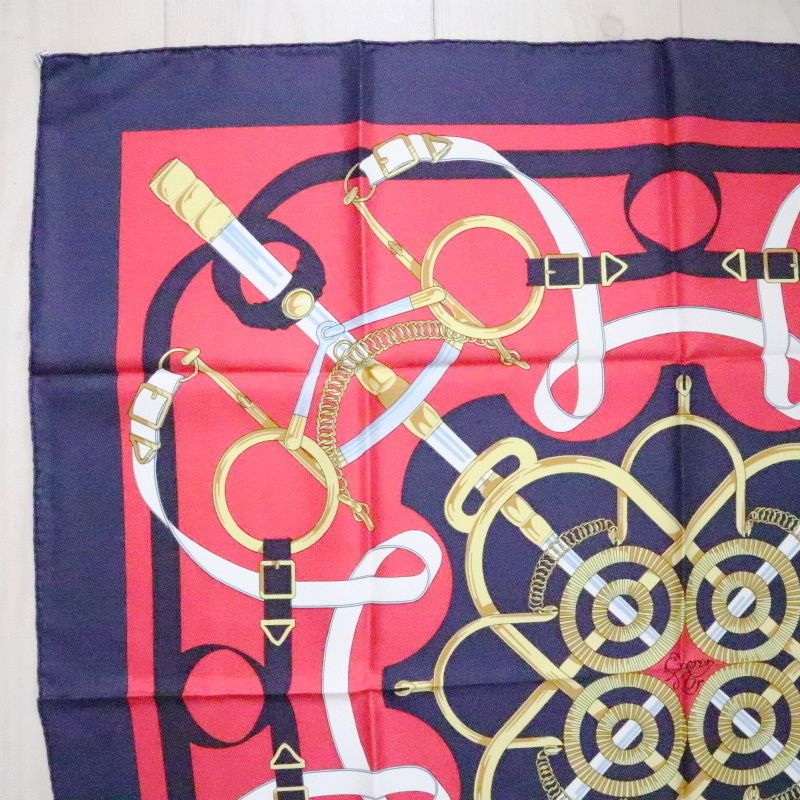 HERMES Fellier Eperon d or エルメス 黄金の拍車 カレ90 シルク 大判スカーフ レッド ネイビー K 07-k 167