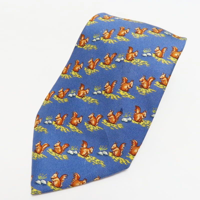 M 03 k 035 HERMES エルメス リス柄 シルク ネクタイ ブルー