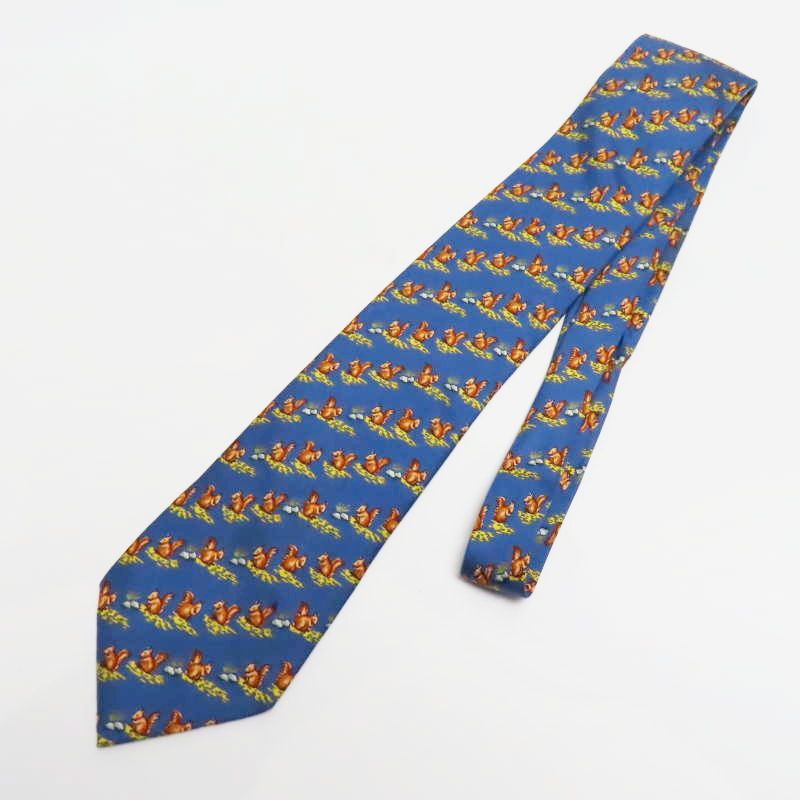 M 03-k 035 HERMES エルメス リス柄 シルク ネクタイ ブルー