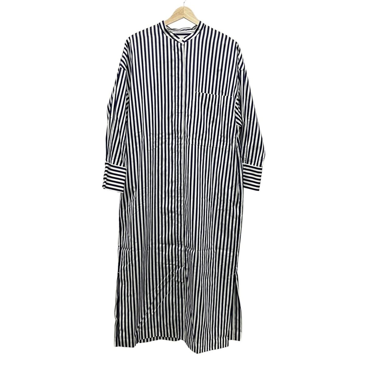 SACRA サクラ ワンピース サイズ38 M レディース 白 ネイビー クルーネック 七分袖 ロング ストライプ