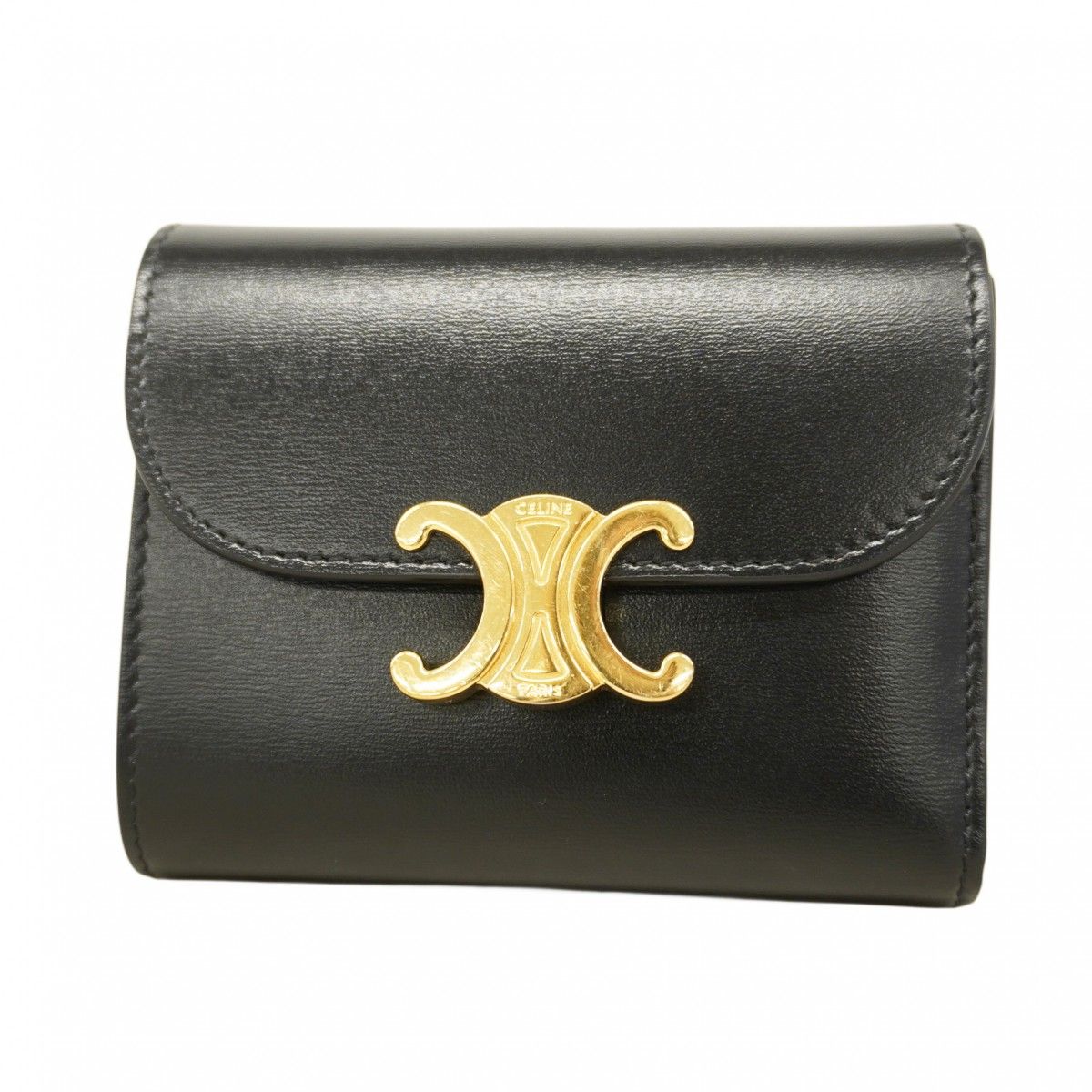 5 pc 3190 セリーヌ 三つ折り財布 トリオンフ レザー ブラック ゴールド金具 レディース