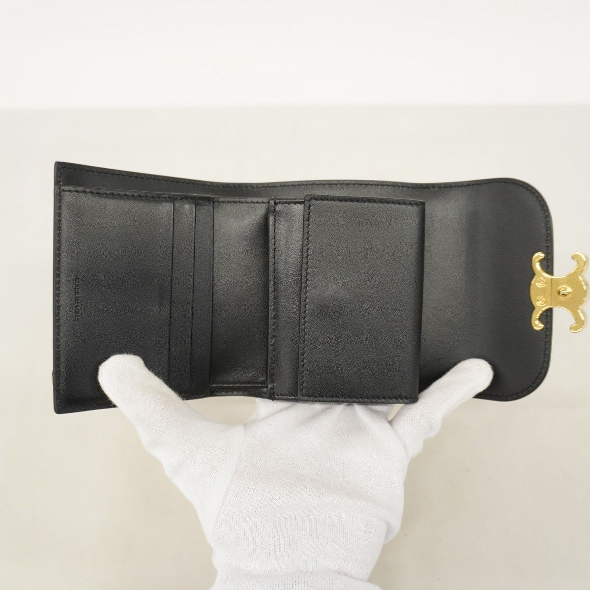  5 pc 3190 セリーヌ 三つ折り財布 トリオンフ レザー ブラック ゴールド金具 レディース 三つ折り財布 折り財布