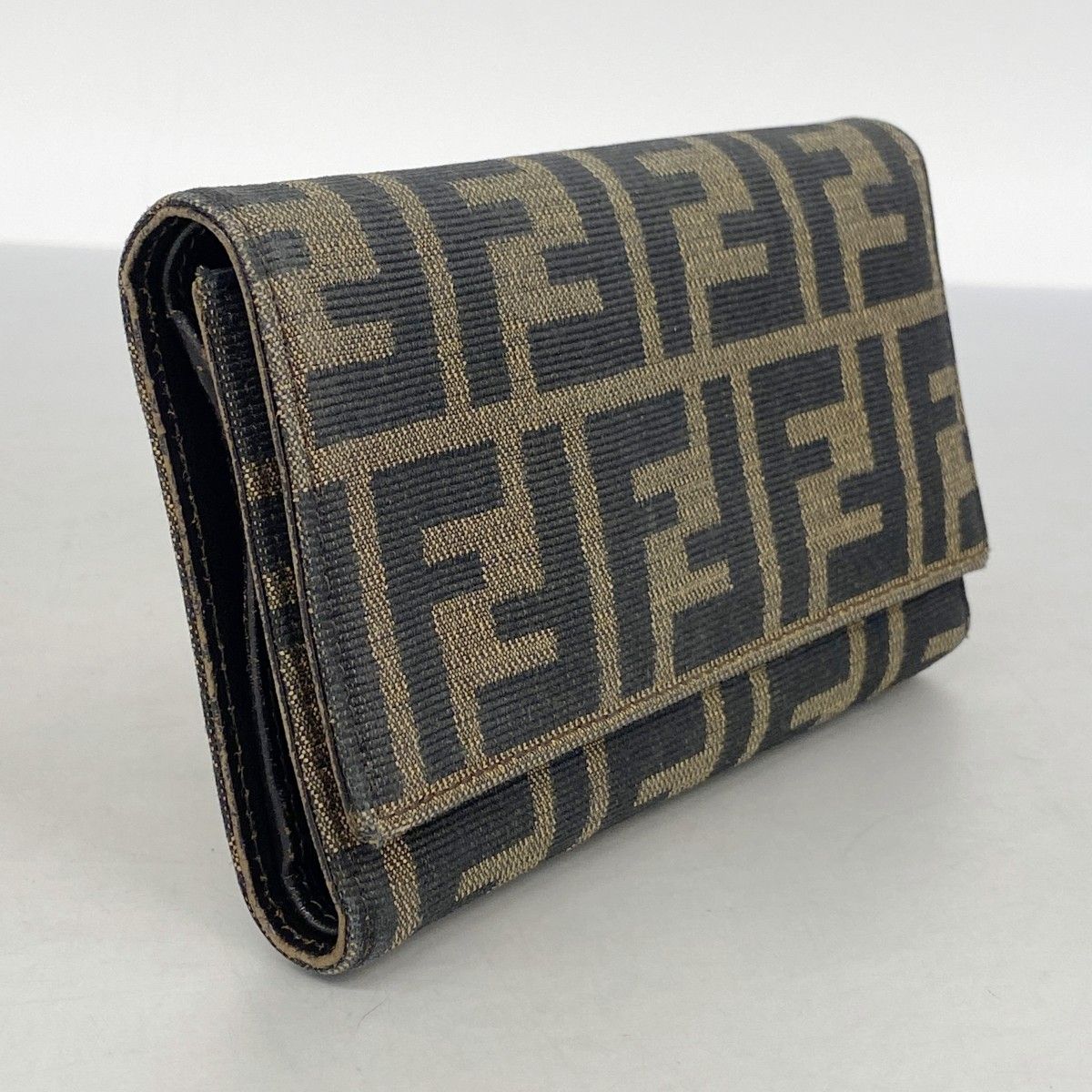 5 pc 3215 フェンディ 三つ折り財布 ズッカ ナイロンキャンバス ブラウン ゴールド金具 レディース
