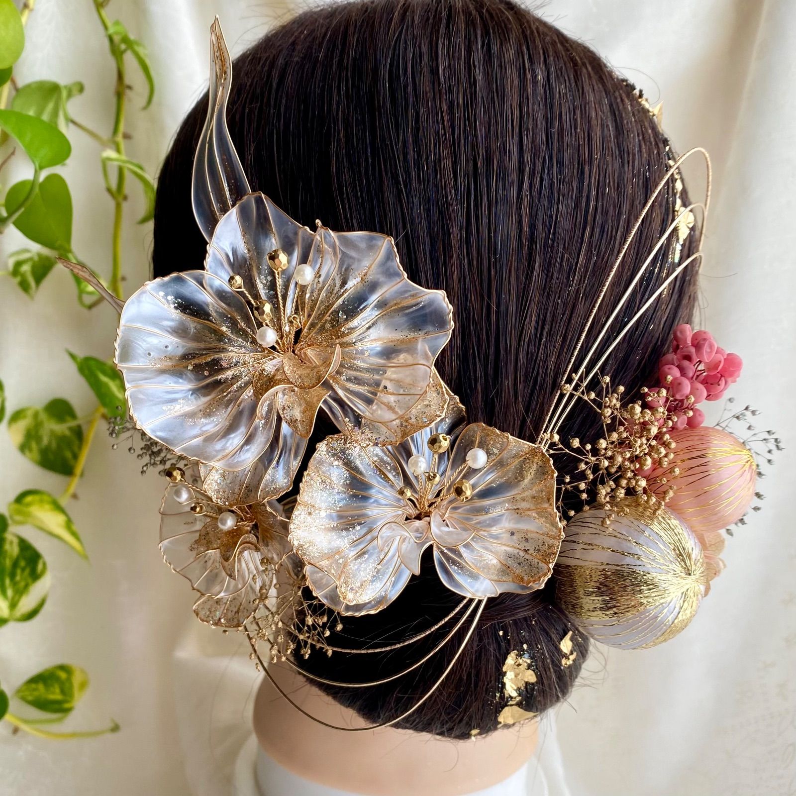 No.3 きらめく胡蝶蘭 アメリカンフラワーの髪飾り 金箔付 水引付 ピンク ディップフラワー ドライフラワー 結婚式 卒業式 成人式 前撮り ブライダル ウェディング 着物 和装 ディップアート