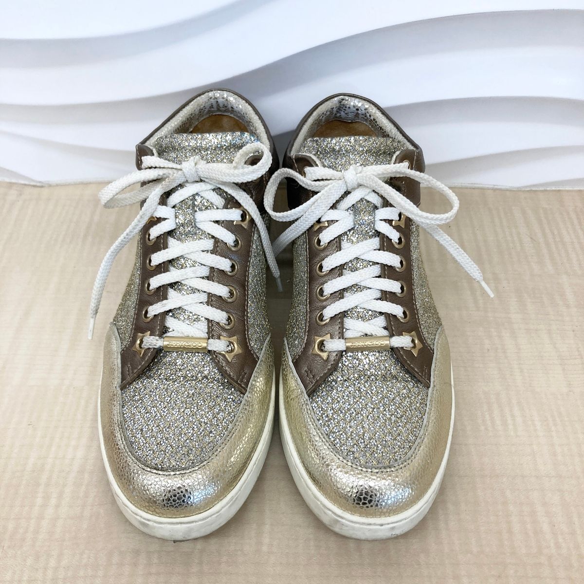 JIMMY CHOO ジミーチュウ MIAMI マイアミ ミドルカット グリッター スニーカー 38 レディース シルバー ゴールド