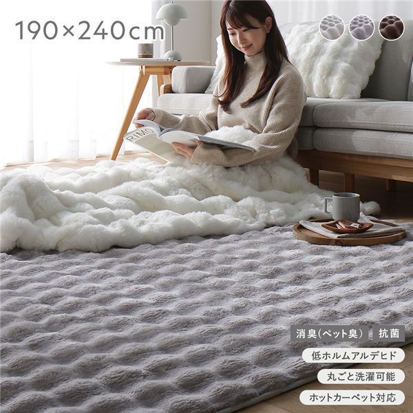 ふわもこラグ 約190 240 cm グレー 抗菌 消臭 ペット臭 洗えるラグ パイルラグ ウォッシャブル 敷物 滑り止め加工 ホットカーペット対応 床暖房対応