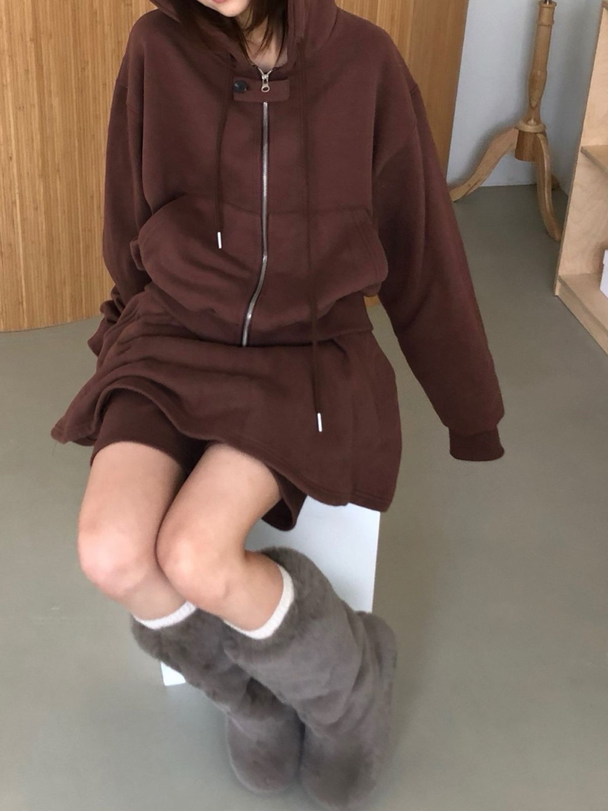 起毛 グローウィンターセット 両面起毛 ツーウェイ フードジップアップ スカート ズボン セット