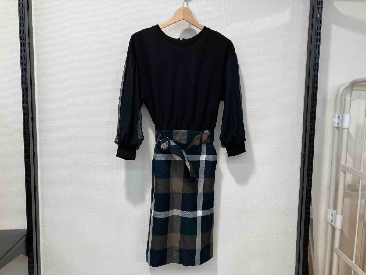 BLUE LABEL バーバリー ブルーレーベル 長袖ワンピース size 38 ベルト付き 黒 ブラック チェック 切替 レディース
