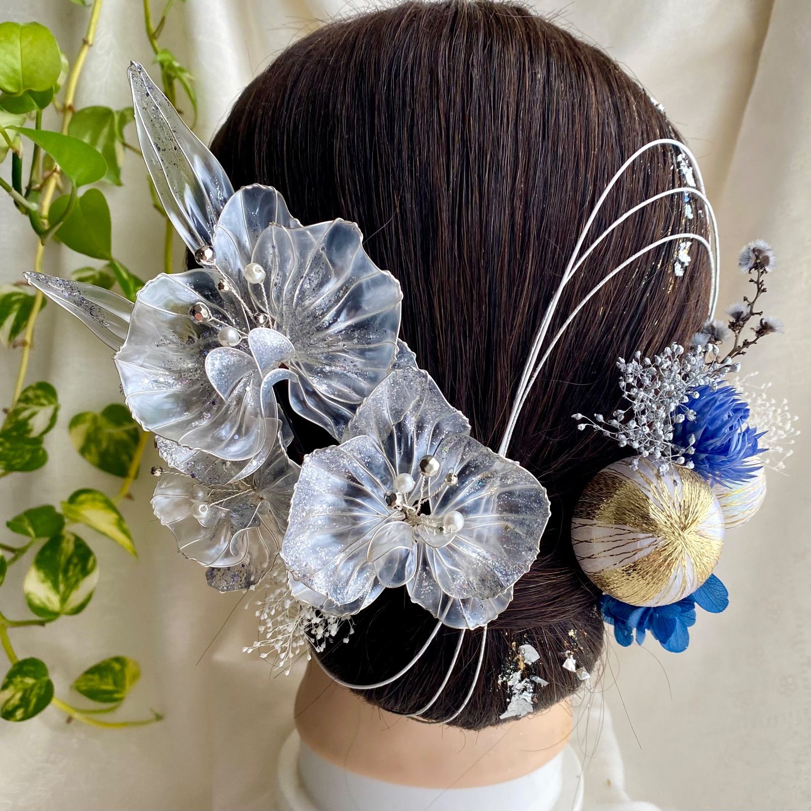 No 7 きらめく胡蝶蘭 アメリカンフラワーの髪飾り 金箔付 水引付 シルバー ブルー ディップフラワー ドライフラワー 結婚式 卒業式 成人式 ブライダル ウェディング 着物 ディップアート