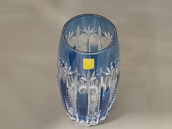 KAGAMI CRISTAL カガミクリスタル 江戸切子 切子花瓶 ブルー 色被硝子 花器 フラワーベース 高さ 15 3 cm
