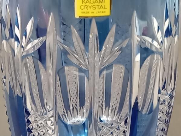 美品】KAGAMI CRISTAL カガミクリスタル/江戸切子/切子花瓶/ブルー/色
