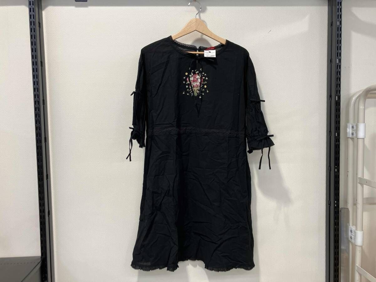 PINK HOUSE ピンクハウス シロツメ草とレンゲ草刺繍入りチュニックブラウス ワンピース 黒 ブラック レディース