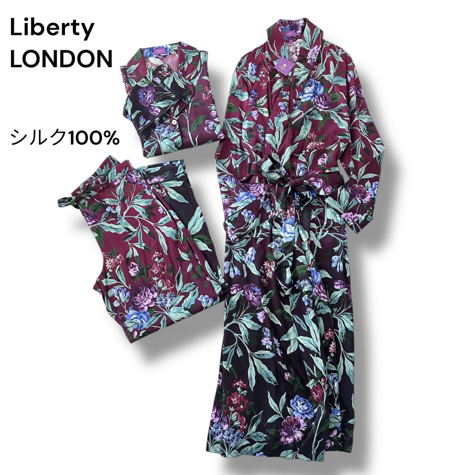 Liberty LONDON リバティ ロンドン DESERT ROSE SILK シルク ルームウェア パジャマ 3点セット ガウン シャツ パンツ