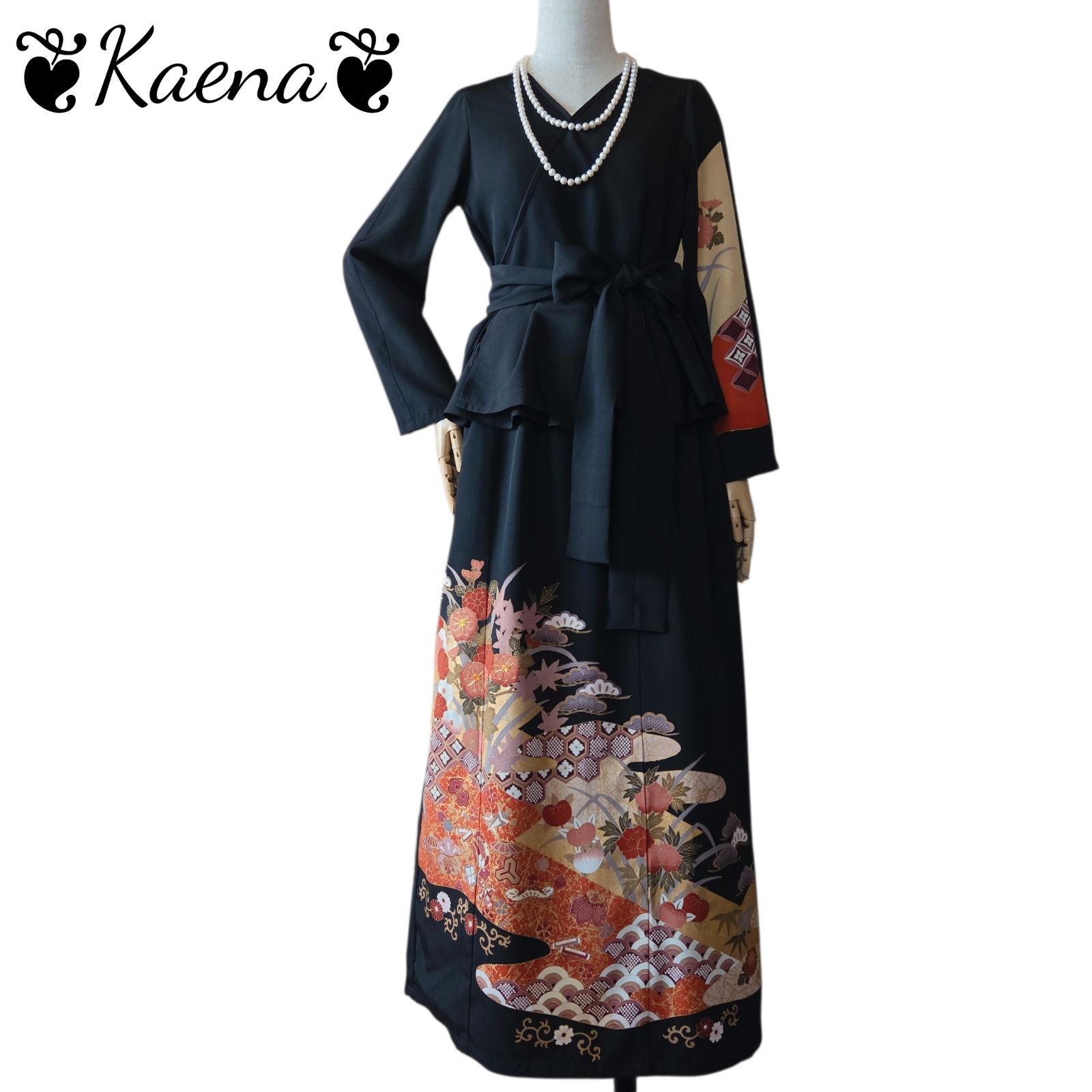 着物リメイク　大きいサイズ　ペプラム　セットアップ　黒留袖　カシュクール　ドレス 着物リメイク セットアップ ロング ワンピース ペプラムカシュクール